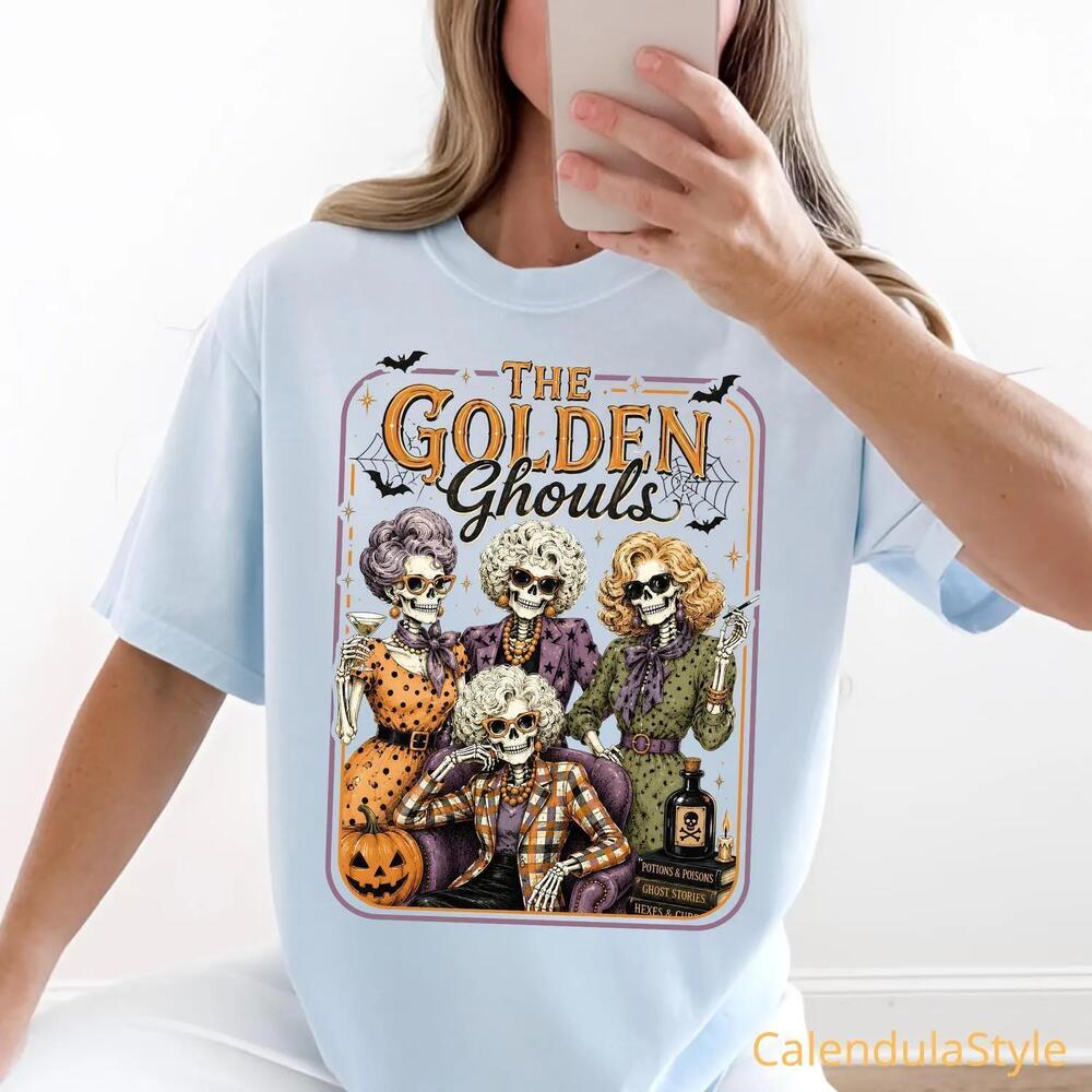 Preppy Golden Ghouls Halloween Tee, Patchwork Skeleton Ladies Shirt